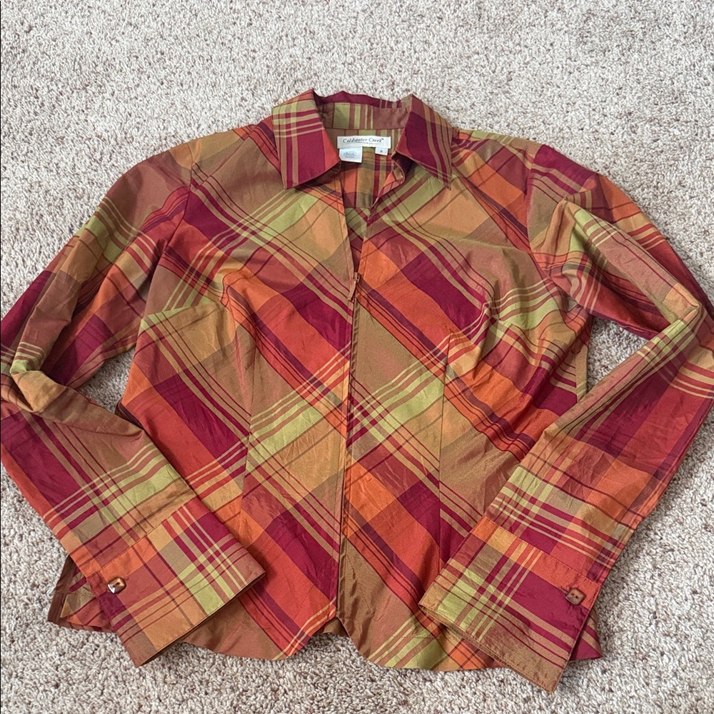 Coldwater Creek Silk Blend Multicolor Plaid Long Zip Up Sleeve Top